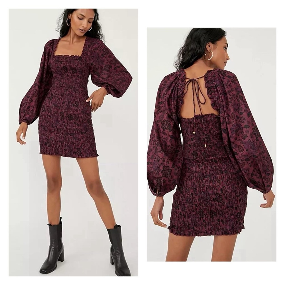 FREE PEOPLE Smock It To Me Boho Puff Sleeve Off Shoulder CottageCore Minidress S